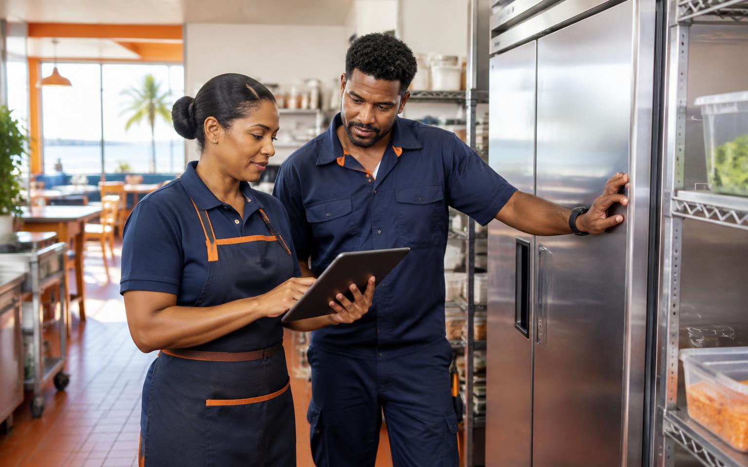 A branch manager and technician reviewing a checklist on a tablet beside a commercial freezer