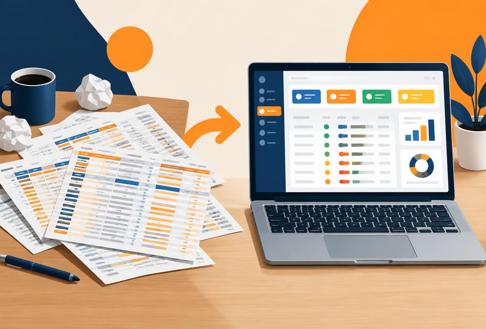 Messy printed spreadsheets next to a laptop showing organised status blocks