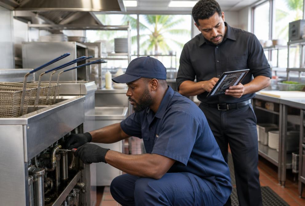 A technician repairing a fryer while a supervisor reviews a photo on a tablet